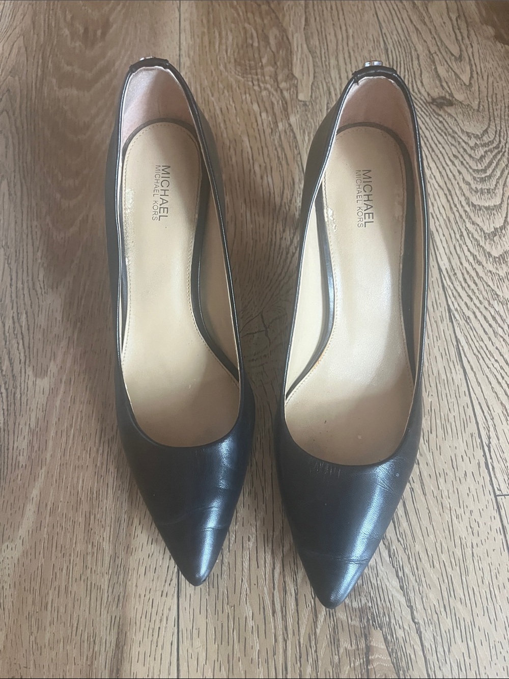 Michael Kors Black Leather Pointed-Toe Pumps with Gold Heel Trim